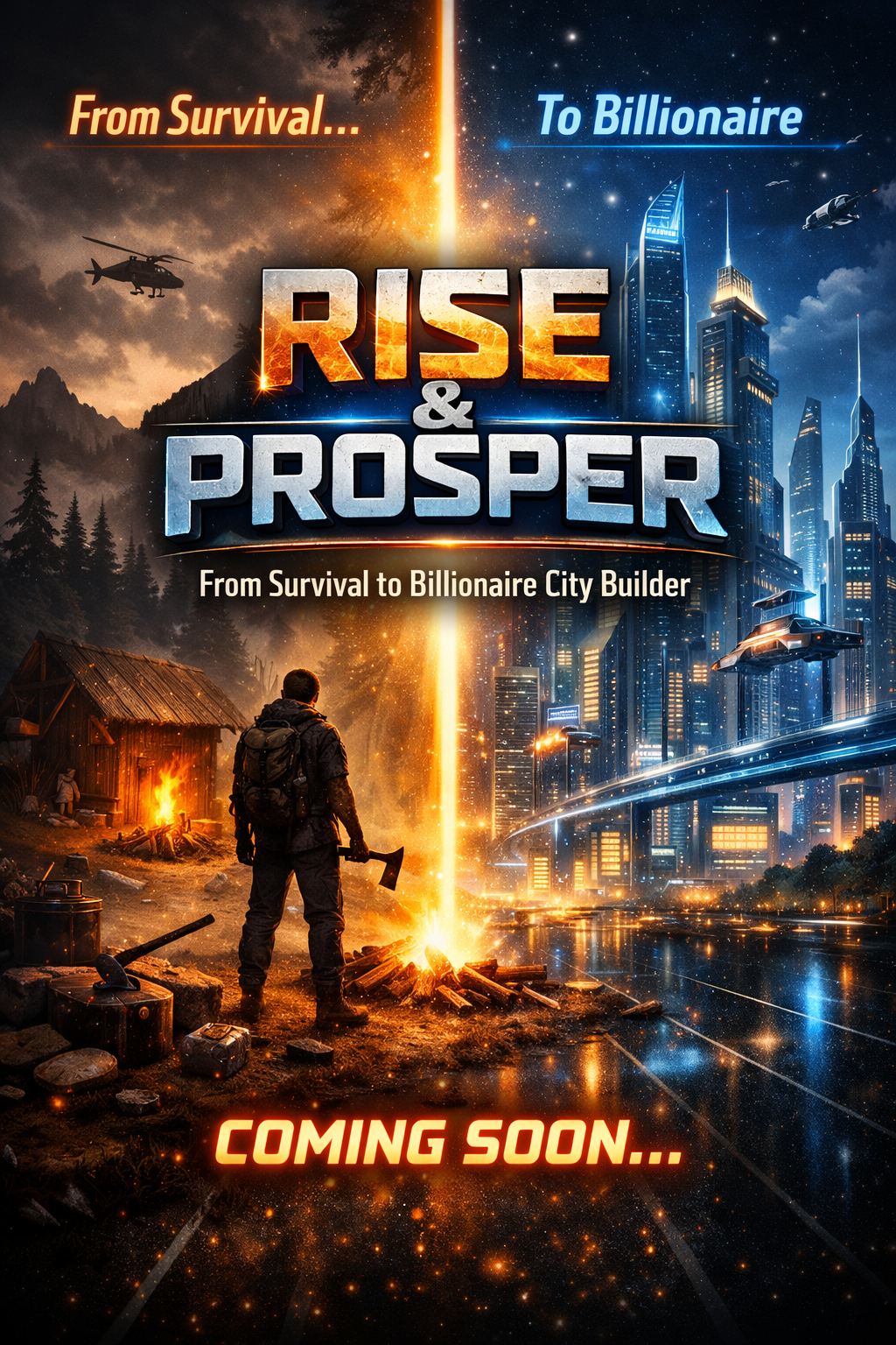 Rise and Prosper game artwork showing survival and city‑building progression
