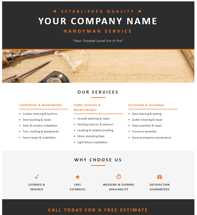 Handyman service website layout created by Novacraft